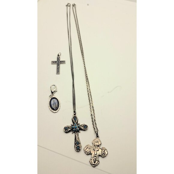 Religious Jewelry Lot 4 Piece Pendant Necklace Cross Silver Tone Turquoise Color - Picture 1 of 7